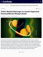 Tether-Backed Adecoagro to Launch Sugarcane-Powered Bitcoin Mining in Brazil