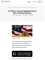 US Military General Highlights Bitcoin Role in National Security