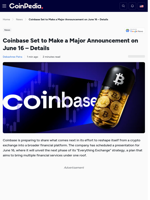 Coinbase Set to Make a Major Announcement on June 16 - Details
