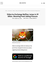 Shiba Inu Exchange Netflow Jumps to 39 Billion, Mounting Fresh Selling Pressure