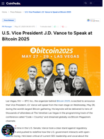 U.S. Vice President J.D. Vance to Speak at Bitcoin 2025