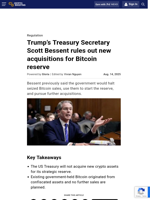 Trump’s Treasury Secretary Scott Bessent rules out new acquisitions for Bitcoin reserve