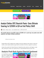 Analyst Defies BTC Bearish Panic: Sees Bitcoin Soaring to $200K in Q4 on Fed Policy Shift