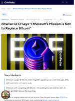 Bitwise CEO Says “Ethereum’s Mission is Not to Replace Bitcoin”