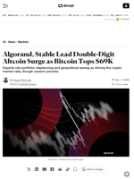 Algorand, Stable Lead Double-Digit Altcoin Surge as Bitcoin Tops $69K - Decrypt