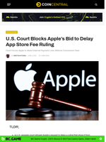 U.S. Court Blocks Apple’s Bid to Delay App Store Fee Ruling - CoinCentral