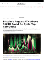 Bitcoin’s August ATH Above $124K Could Be Cycle Top: CoinGecko  - 