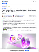 Luna by Virtuals Rallies 90% | Meme Coins To Watch Today
