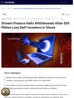 Stream Finance Halts Withdrawals After $93 Million Loss DeFi Investors in Shock