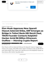 Elon Musk Approves New SpaceX Mascot Asteroid Shiba, XRP Emerges as Bridge in Tottori Bank-SBI Remit Deal, TRON Founder Contacts KelpDAO Hacker Amid $6 Billion Ethereum Outflow — Morning Crypto Report - U.Today