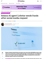 Solana AI agent Lobstar sends funds after social media request - Coinfea