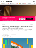 India's central bank proposes a plan to create CBDC link among BRICS nations