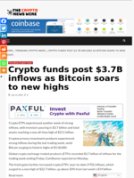 Crypto funds post $3.7B inflows as Bitcoin soars to new highs - The Crypto News Wire