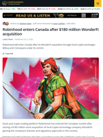 Robinhood Enters Canada Crypto Market With $180M WonderFi Deal