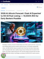 2026 AI Altcoin Forecast: Ozak AI Expected to Hit $5 Post-Listing — 10,000% ROI for Early Backers Possible