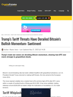 Trump’s Tariff Threats Have Derailed Bitcoin’s Bullish Momentum: Santiment