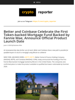Better and Coinbase Celebrate the First Token-backed Mortgage Fund Backed by Fannie Mae, Announce Official Product Launch Date