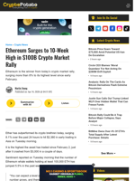 Ethereum Surges to 10-Week High in $100B Crypto Market Rally