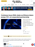 Coinbase buys ENA stake as Ethena token jumps 15% on expanded partnership