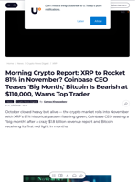 Morning Crypto Report: XRP to Rocket 81% in November? Coinbase CEO Teases 'Big Month,' Bitcoin Is Bearish at $110,000, Warns Top Trader - U.Today