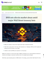 BNB sets altcoin market abuzz amid major Wall Street treasury bets - CoinJournal