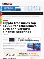 Crypto treasuries top $100B for Ethereum’s 10th anniversary: Finance Redefined - The Crypto News Wire