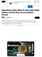 BlackRock Halts Bitcoin Sale With $269 Million Amid 3-Day Accumulation Streak - U.Today