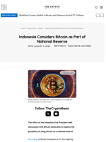 Indonesia Considers Bitcoin as Part of National Reserve