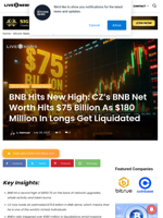 BNB Hits New High: CZ's BNB Net Worth Hits $75 Billion As $180 Million In Longs Get Liquidated | Live Bitcoin News
