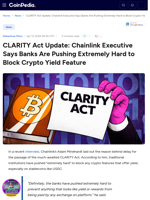 CLARITY Act Update: Chainlink Executive Says Banks Are Pushing Extremely Hard to Block Crypto Yield Feature