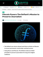 Filecoin Powers The Defiant’s Mission to Preserve Journalism - Crypto News Flash