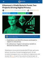 Ethereum’s Buterin Funds Two Projects in Digital Privacy