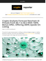 Crypto Analysts Forecast Nexchain AI Presale From $0.1 to $0.3 With 100% Bonus Offer, Offering 300% Upside On Listing