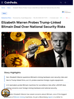 Elizabeth Warren Probes Trump-Linked Bitmain Deal Over National Security Risks