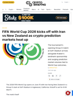 FIFA World Cup 2026 kicks off with Iran vs New Zealand as crypto prediction markets heat up