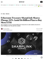 Ethereum Treasury SharpLink Shares Plunge 20% Amid $6 Billion Plan to Buy More ETH - Decrypt