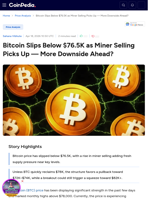 Bitcoin Slips Below $76.5K as Miner Selling Picks Up — More Downside Ahead?