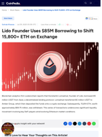 Lido Founder Uses $85M Borrowing to Shift 15,800+ ETH on Exchange