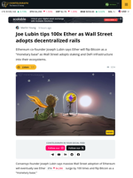 Consensys CEO Predicts 100x Ethereum Surge From Wall Street