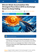 Bitcoin Whale Accumulation Hits Strongest Pace Since 2013 as Exchange Reserves Keep Falling