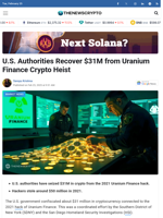 U.S. Authorities Recover $31M from Uranium Finance Crypto Heist