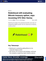 Robinhood still evaluating Bitcoin treasury option, says incoming CFO Shiv Verma