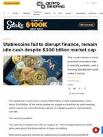 Stablecoins fail to disrupt finance, remain idle cash despite $300 billion market cap