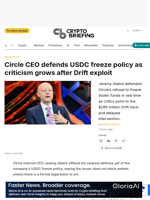 Circle CEO defends USDC freeze policy as criticism grows after Drift exploit
