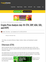Crypto Price Analysis July-18: ETH, XRP, ADA, SOL, and HYPE