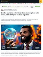 Exodus Adds 200+ Tokenized Stocks and ETFs Through Ondo