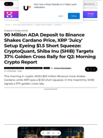 90 Million ADA Deposit to Binance Shakes Cardano Price, XRP 'Juicy' Setup Eyeing $1.5 Short Squeeze: CryptoQuant, Shiba Inu (SHIB) Targets 37% Golden Cross Rally for Q2: Morning Crypto Report - U.Today