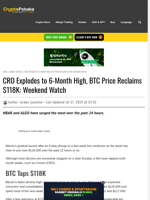 CRO Explodes to 6-Month High, BTC Price Reclaims $118K: Weekend Watch