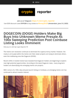 DOGECOIN (DOGE) Holders Make Big Buys Into Unknown Meme Presale As 100x Sweeping Prediction Post Coinbase Listing Looks Imminent
