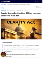 Crypto Stocks Decline Over 10% on Looming Stablecoin Yield Ban